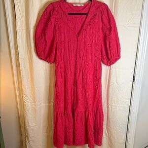 Zara Hot Pink Eyelet Puff-Sleeve Midi Dress